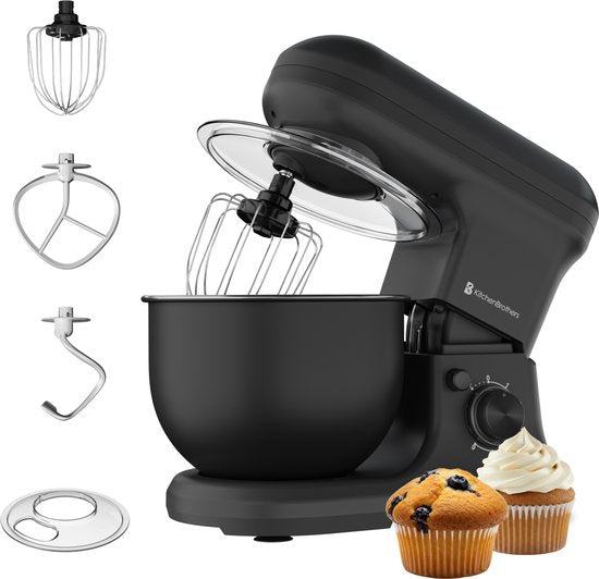 KitchenBrothers 1200W Keukenmachine - Keukenrobot - 5L - Mixer met Mengkom - Keukenmixer - Matzwart(Matzwart, 1200W)