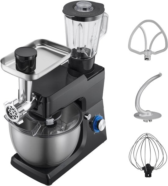 Merkloos / Sans marque Elektrische Keukenmixer, 7,8 L Keukenmixer met 1500 W Motor, 6+P Snelheden, Kantelbaar Kopontwerp, Inclusief 1,5 L Blenderbeker, Roestvrijstalen Kom, Deeghaak, Garde en Klopper voor Bakken en Mixen, Zwart