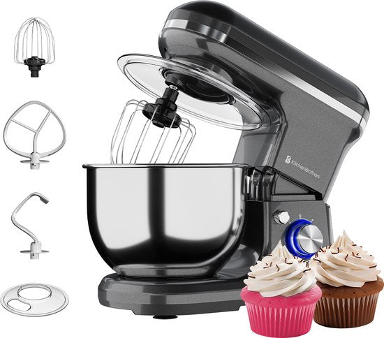 KitchenBrothers 1200W Keukenmachine - Keukenrobot - 5L - Mixer met Mengkom - Keukenmixer - Antraciet(Antraciet, 1200W)