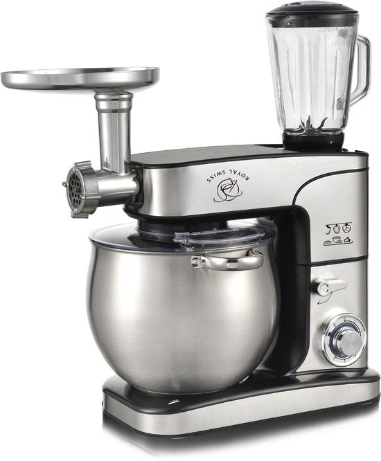 Royal Swiss Keukenmachine 10L XXL – 2000W Krachtige Standmixer – 3-in-1 met Vleesmolen Glazen Blender – 6 Snelheden + Pulse – RVS Mengkom