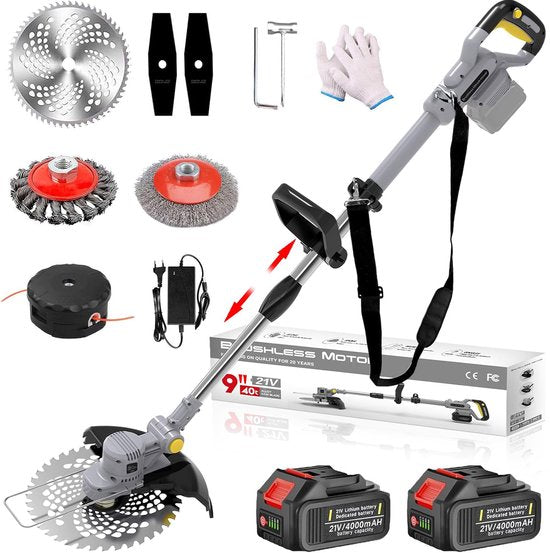 Traumheim 4-in-1 Accu Grasmaaier - Elektrische Grastrimmer met 2x 4.0Ah Accu Lader - 4-in-1 Multifunctioneel Onkruidwieder met Voegenborstel Staalborstel - 750W Accu Grasmaaier - Grijs