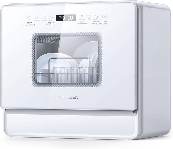 AIRMSEN Tafelmodel Vaatwasser - Ingebouwd Zoutreservoir - 5L Watertank - Geen Vaste Wateraansluiting - 9 Programma's - 6 Couverts - Vrijstaande Afwasmachine - Wit