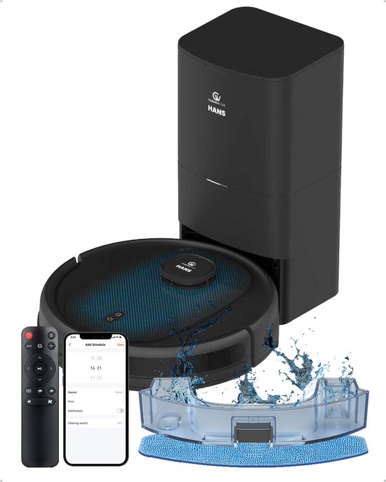 CleanWise Hans Robotstofzuiger met Dweilfunctie Automatisch Leegstation – 90 dagen handsfree – Nederlands Product – Dweilrobot – LiDAR Navigatie – 7000 Pa – HEPA 14 Filter – Tapijtherkenning – No-Go Zones – Voor Huisdierharen(zwart/Hans)
