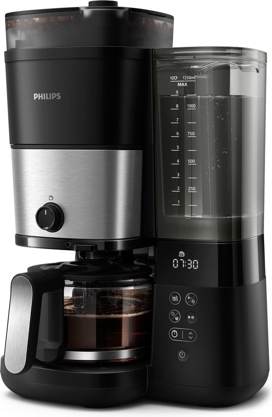 Philips Filter-koffiezetapparaat HD7888/01 - All-in-1 Brew - Met Filter en Molen - Voor Bonen - Instelbare Grofheid - Met LED Scherm - Zwart(Zwart en zilver)