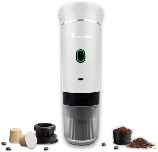 Cuisina Lumina® Draagbare koffiemachine - Cuisina Lumina ® - Hoogwaardige kwaliteit - 120 ML - Voor onderweg - Draagbaar koffiezetapparaat - Camping gadget - Oplaadbaar - Verwarmt water - Koffiecups gemalen koffie - Espresso Lungo - Wit(Wit)
