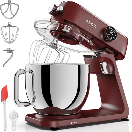 Fentic Keukenmachine 1800W, Keukenrobot met 7l RVS Mengkom, Incl. Menghaak, Garde, Deeghaak en Extra Accessoires, Keukenmixer Met Timer en 10 Snelheden(Rood)
