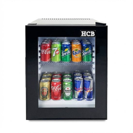 HCB® - Professionele Horeca Minibar koeling - 32L - Mini Koelkast met glazen deur - Kleine drankenkoelkast - D - Zwart - Flessenkoelkast - Bier koelkast - tafelmodel - 45.2x38.5x48.6 cm (DxBxH) - 11 kg - Frigo - 9967