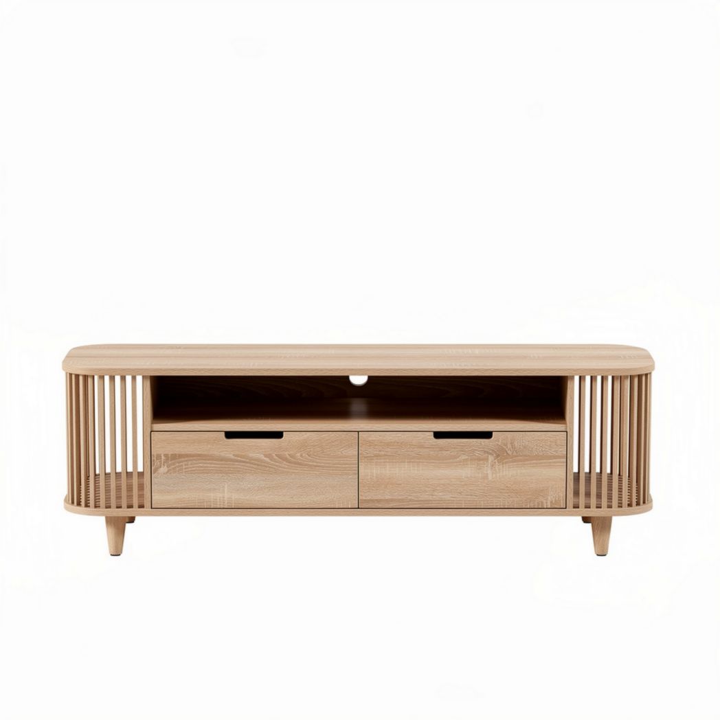 Houten tv-meubel met open vakken en laden in naturel afwerking 120 x 40 x 45cm