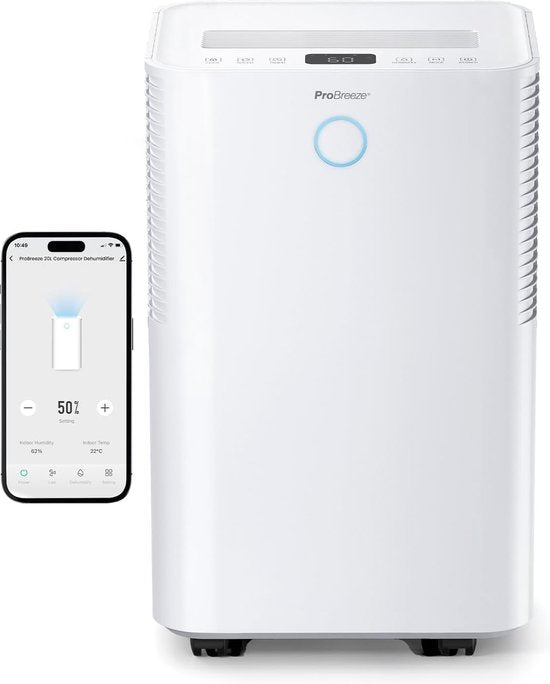 Pro Breeze OmniDry 20L/dag Compressor Luchtontvochtiger met Smart App - Wasdroogfunctie - 5.5L Tank Verwijderd Schimmel Vocht - WiFi Dehumidifier voor Thuis en Kelder