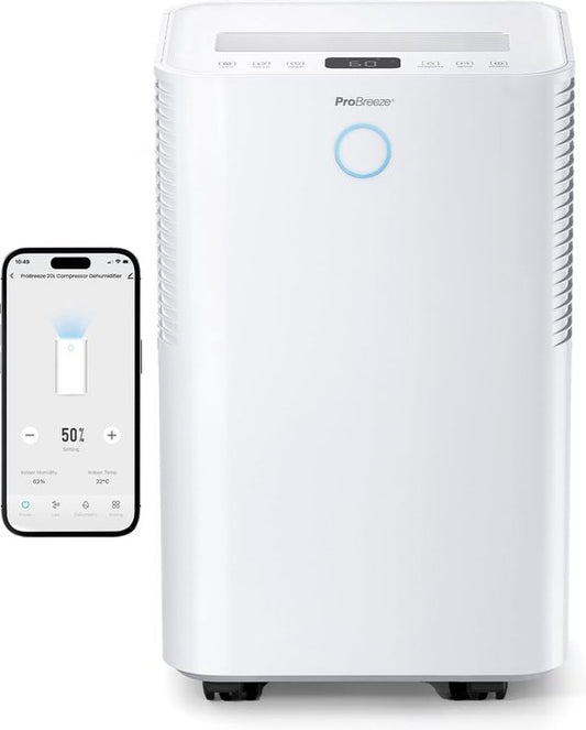 Pro Breeze OmniDry 20L/dag Compressor Luchtontvochtiger met Smart App - Wasdroogfunctie - 5.5L Tank Verwijderd Schimmel Vocht - WiFi Dehumidifier voor Thuis en Kelder