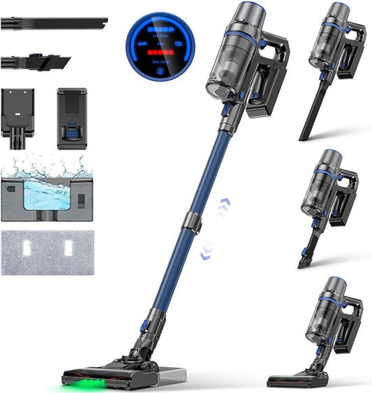 Olvy Steelstofzuiger Draadloos - 2 Accu's - Met Dweilfunctie - 5 Zuigniveaus - Vacuum Cleaner - Draadloze Snoerloze Stofzuiger - Zonder Zak - Op Accu - 350W - 35Kpa - Kruimeldief(2 accu’s)
