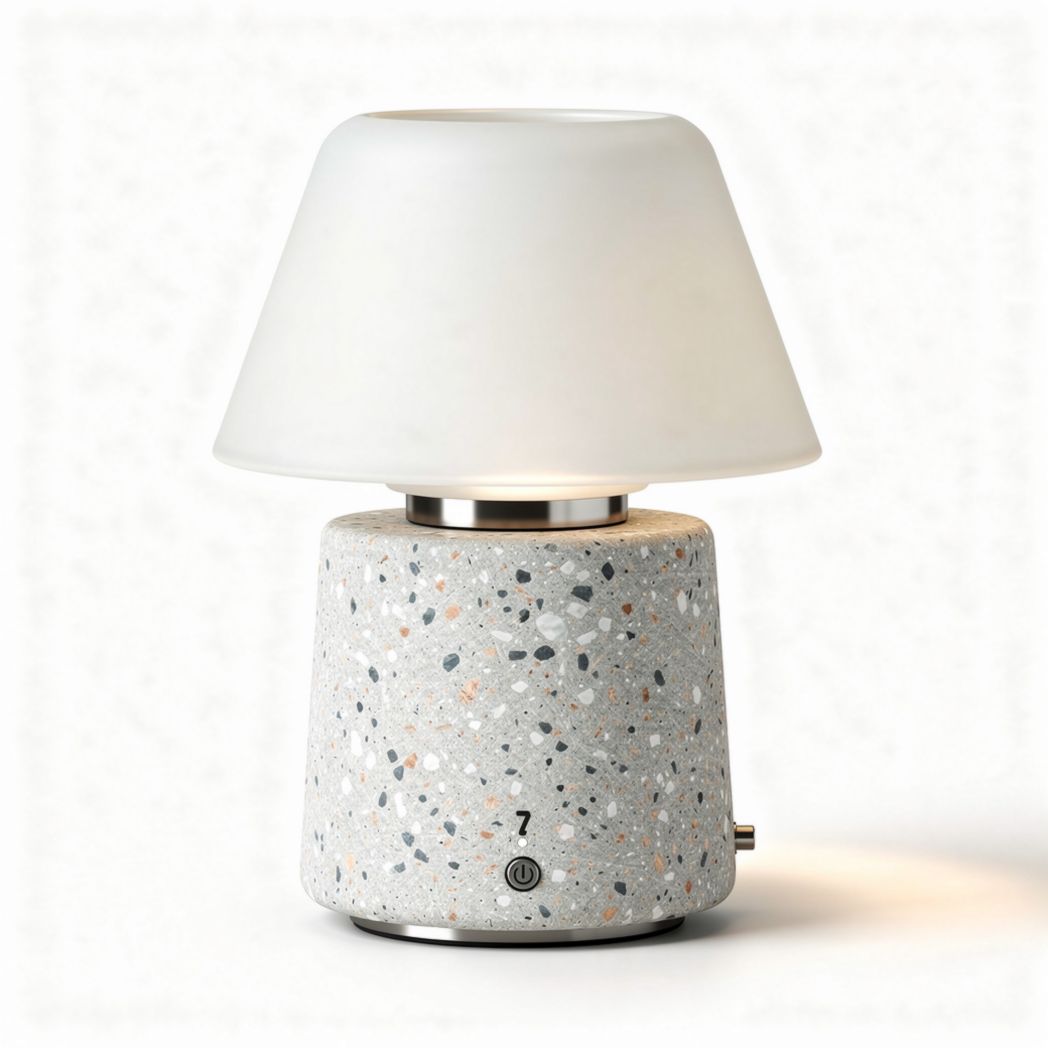 Tafellamp van beton en glas met een afmeting van 10 x 10 x 20cm