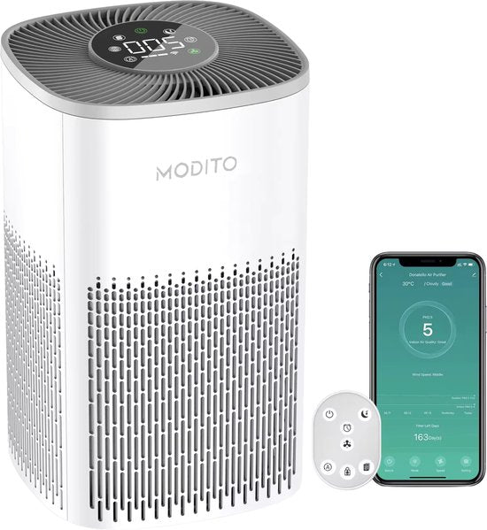 MODITO Modito luchtreiniger - Air Purifier met APP - 4-in-1 filtersysteem - Ionisatie - HEPA 13 filter + koolstoffilter - Verminderd huisstofmijt, hooikoorts, allergie  stof - Wit - 210 m³/u(Wit)