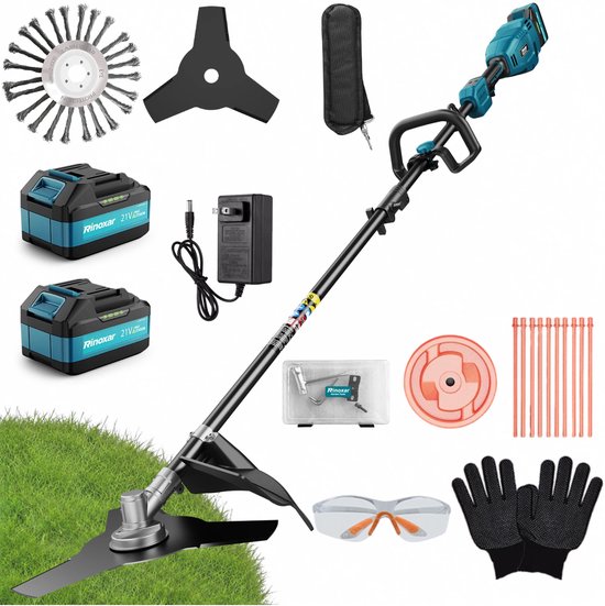 Rinoxar Accu grastrimmer met 12000 tpm, accu-bosmaaier met 2 accu’s van 5200 mAh, snijbreedte 26 cm, borstelloze motor aan de voorkant, veiligheidsbescherming, 3 soorten messen voor tuin en erf