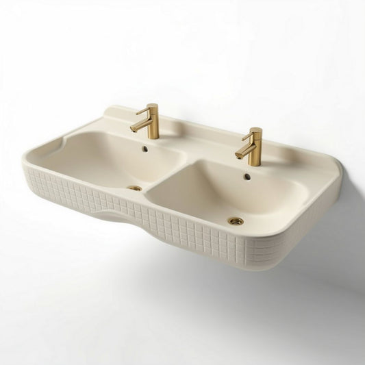 Dubbele wastafel van keramiek in beige met gouden kranen 80 x 40 x 15cm