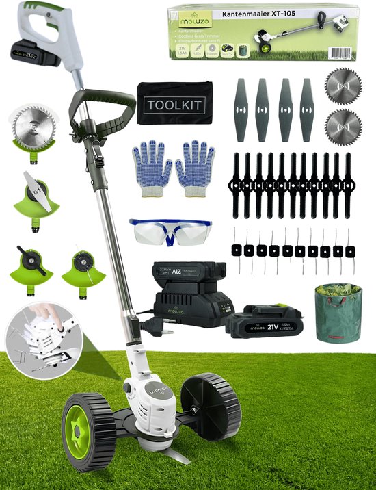 Mowza MOWZA® 4-in-1 Kantenmaaier – Grastrimmer – Bosmaaier – Grasmaaier – Draadloos  Elektrisch – Incl. 2 Accu ‘s  Snellader - Wit/Groen(15 cm)