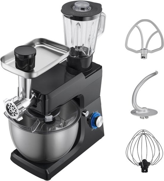 Merkloos / Sans marque Elektrische Keukenmixer, 7,8 L Keukenmixer met 1500 W Motor, 6+P Snelheden, Kantelbaar Kopontwerp, Inclusief 1,5 L Blenderbeker, Roestvrijstalen Kom, Deeghaak, Garde en Klopper voor Bakken en Mixen, Zwart