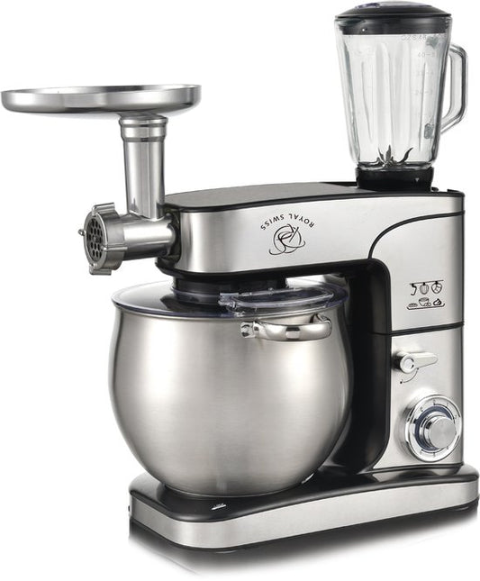 Royal Swiss Keukenmachine 10L XXL – 2000W Krachtige Standmixer – 3-in-1 met Vleesmolen  Glazen Blender – 6 Snelheden + Pulse – RVS Mengkom