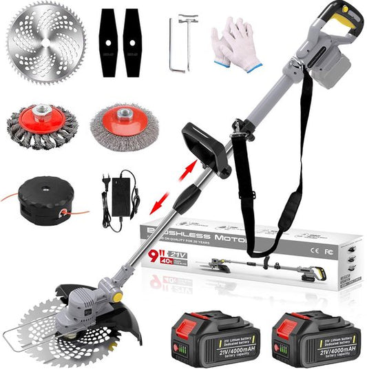 Traumheim 4-in-1 Accu Grasmaaier - Elektrische Grastrimmer met 2x 4.0Ah Accu  Lader - 4-in-1 Multifunctioneel Onkruidwieder met Voegenborstel  Staalborstel - 750W Accu Grasmaaier - Grijs