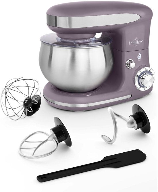 Swiss Haus® KM1805 Keukenmachine - 1300W Keukenrobot – 5L RVS Mengkom – Keukenmixer met 6 Snelheden + Pulse – met Deeghaak  Garde – Paars(Paars)