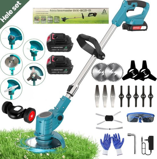 Bravix Bosmaaier - Grastrimmer - Bosmaaiers - Bosmaaier accu - MET 2 ACCU'S EN LADER - 3 Verschillende snijbladen - Gehele set - Grasmaaier - Draagbare Elektrisch Grasmaaiers - 15cm maaibreedte - Zwart, voor Tuin