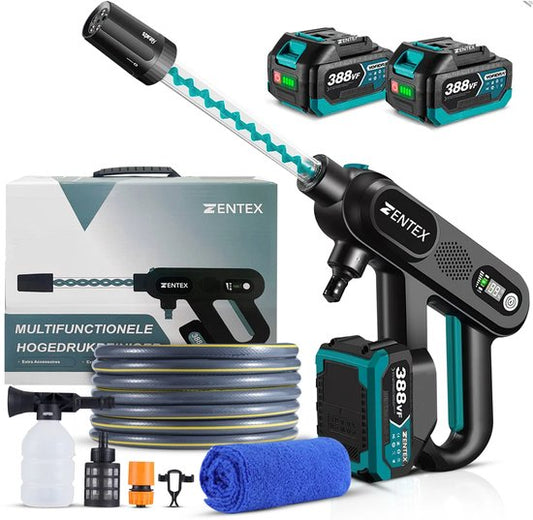 Zentex® Draadloze Hogedrukreiniger – Terrasreiniger – 5-in-1 Sproeikop – Incl. 2 Accu’s – Zwart