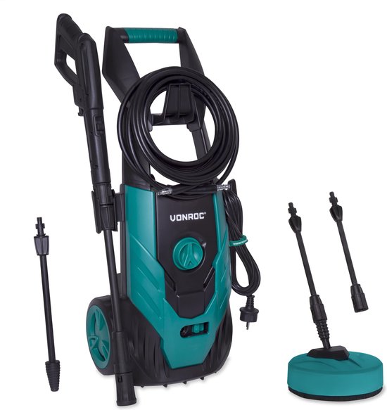 VONROC Hogedrukreiniger V18-2 1800W – 140 bar – 420 l/h – Incl. 8m slang, geïntegreerde reinigingsmiddelen tank, terrasreiniger, spuitstukken en accessoires(V18-2 – Compleet)
