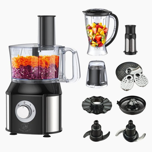Royal Swiss® YT-FP01 – 10 in 1 Foodprocessor – 550 W – RVS Behuizing – 1,5 L Blender  1 L Kom – 2 Snelheden + Pulse – Multifunctioneel Keukenapparaat
