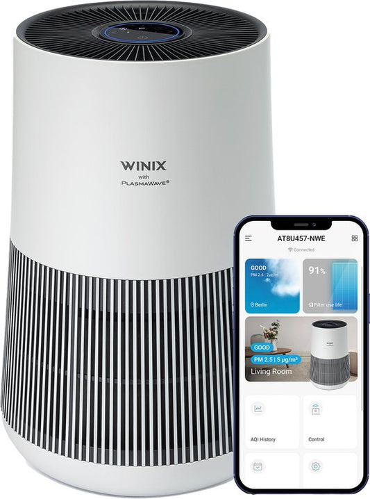 Winix T500 Wifi - Slimme Luchtreiniger met vervangbaar 3-in-1 Hepa filter + PlasmaWave Technologie - cadr 250m³ p/u en tot 50m² - Getest en Gecertificeerd op Hooikoorts, Allergie en Fijnstof - Winix Smart App, Google Assistant, Amazon Alexa(Wit， Grijs)
